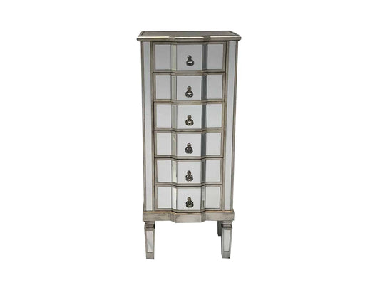 Charleston Mirrored Tallboy Chest with 6 Drawers, drop ring drawer pulls, wood and mirror, antiqued silver finish.