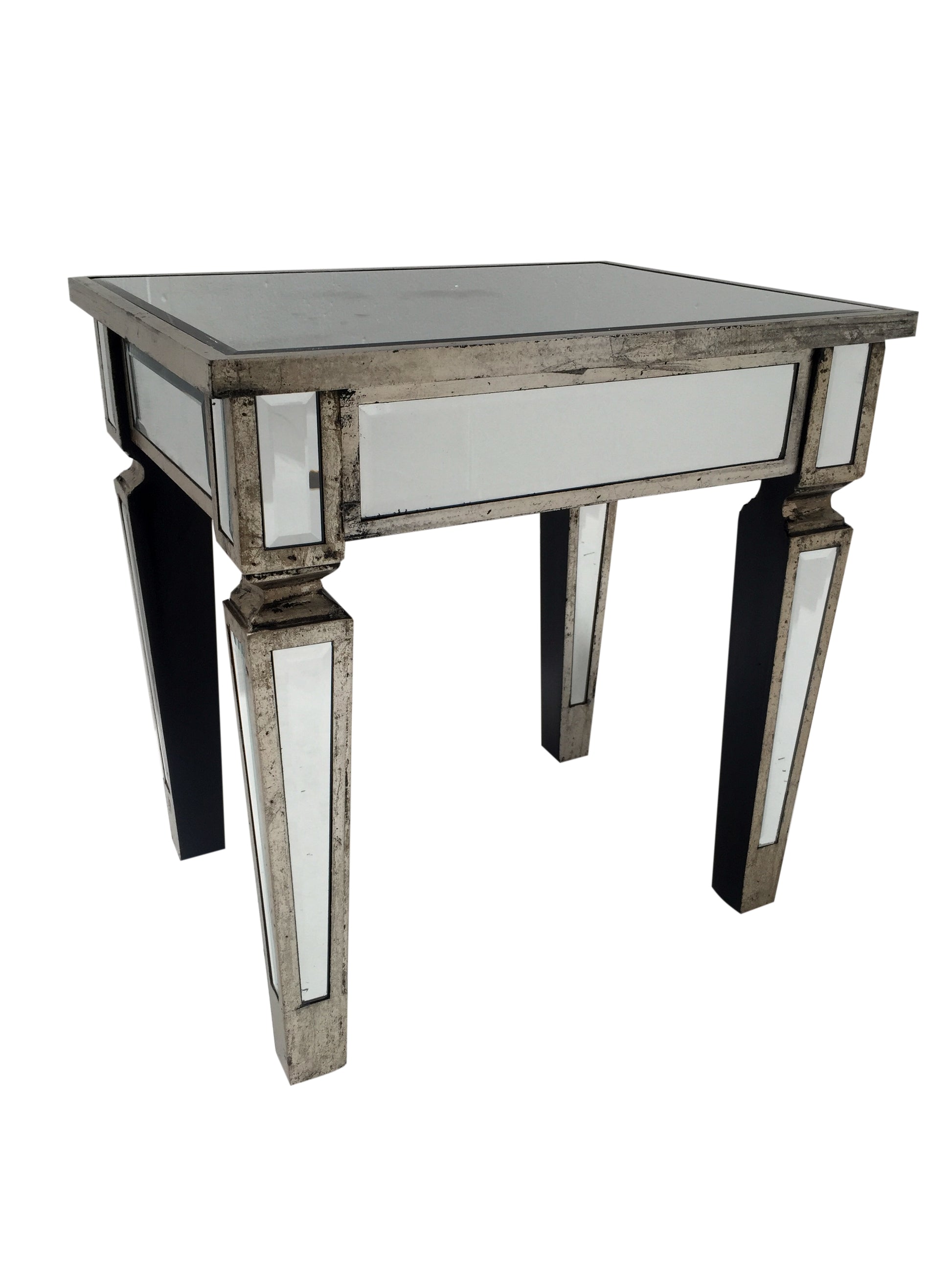Charleston Mirrored stool with an antiqued silver wooden edge, wood and mirror, antique silver finish