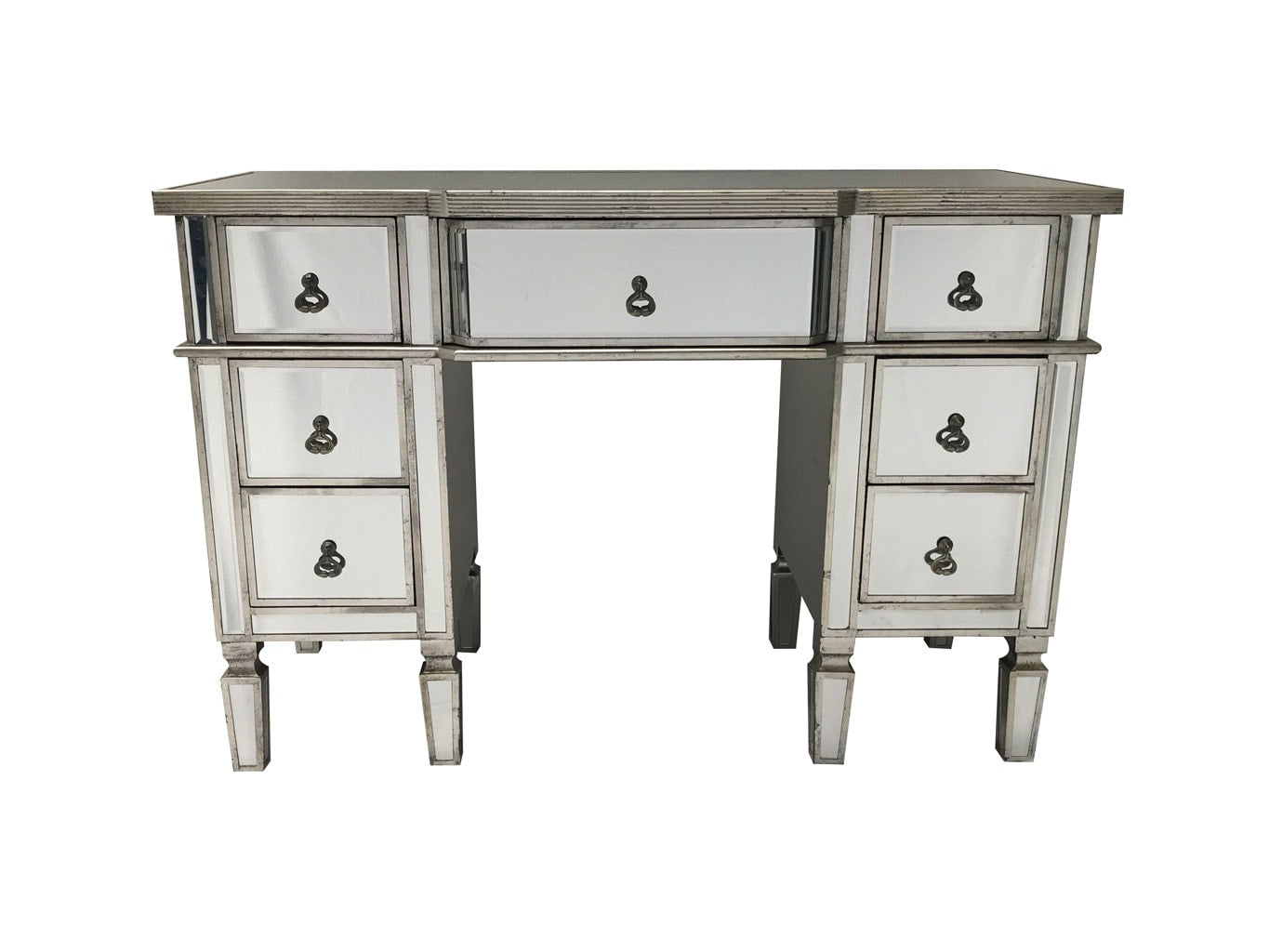 Charleston Mirrored Dressing Table with seven drawers, vintage drop ring pulls, bevelled with an antique silver wood edge.
