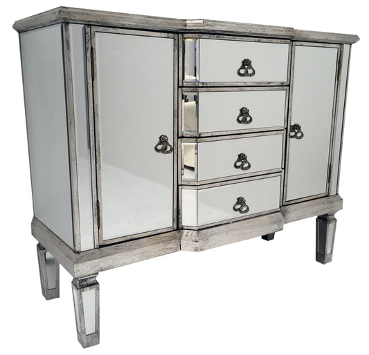 Charleston Mirrored Sideboard with 4 Drawers and 2 Cupboards, brass drop handles, wood and mirror, antiqued silver.