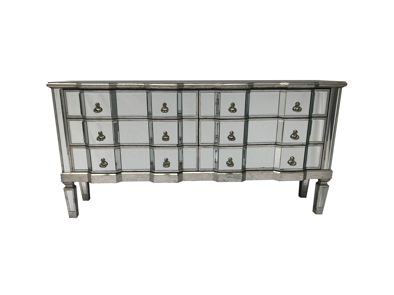 Charleston mirrored chest with 6 long drawers, brass drop handles, wood and mirror, antiqued silver