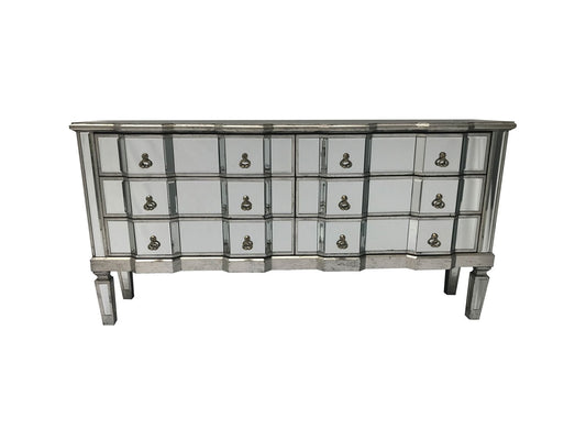 Charleston mirrored chest with 6 long drawers, brass drop handles, wood and mirror, antiqued silver