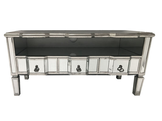 Charleston Mirrored TV Unit with 3 drawers and a shelf for a sky box/dvd player, antiqued silver wood edging, all the mirrors are bevelled, cord openings for wires.