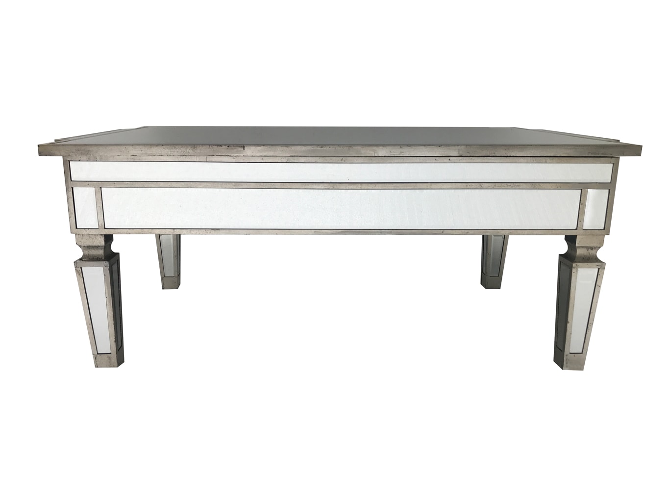 Mirrored coffee table with an antiqued silver wooden edging with a bevelled mirror top