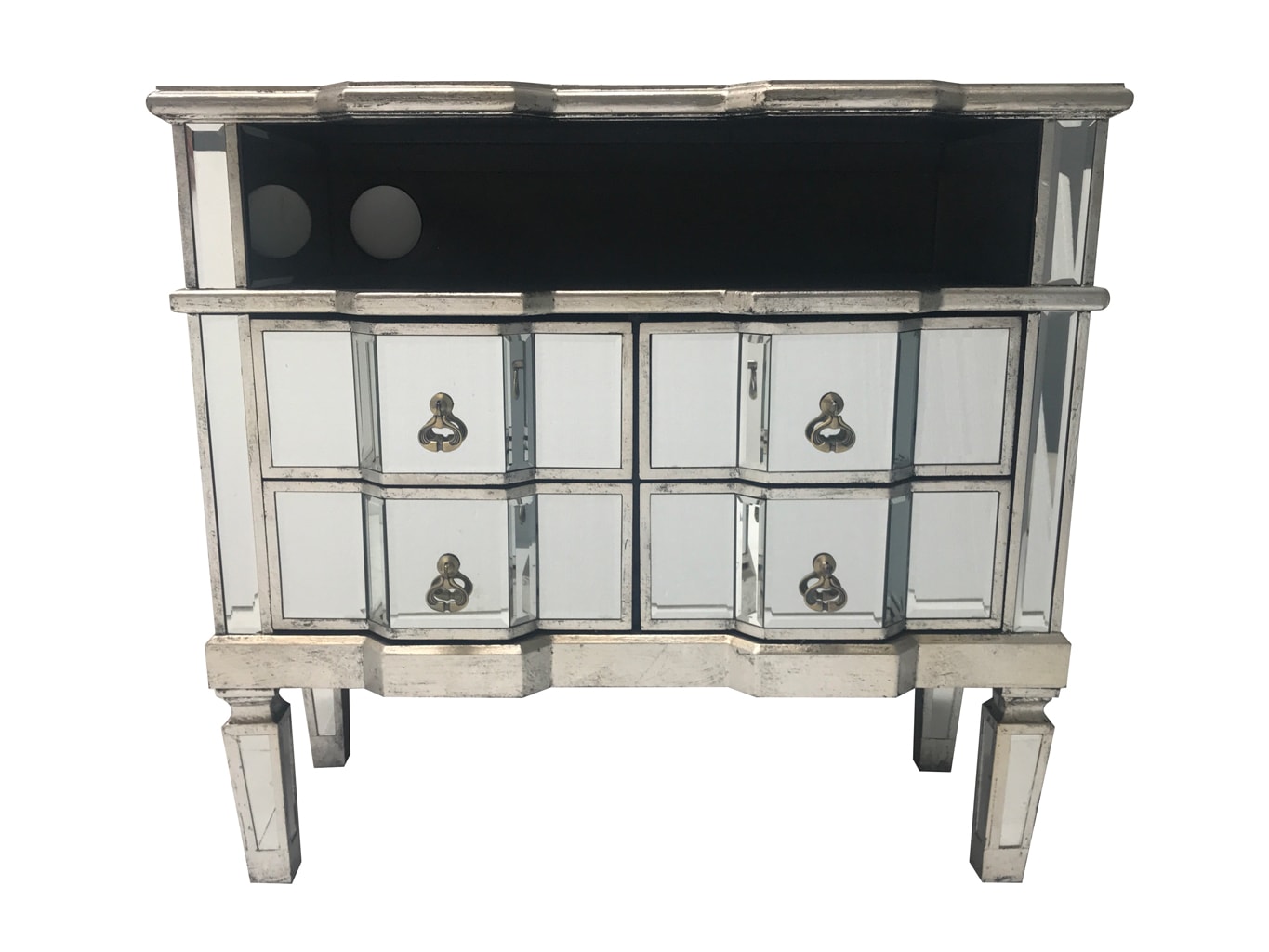 Charleston mirrored media unit, 4 draws, brass drop handles, wood and mirror, antiqued silver