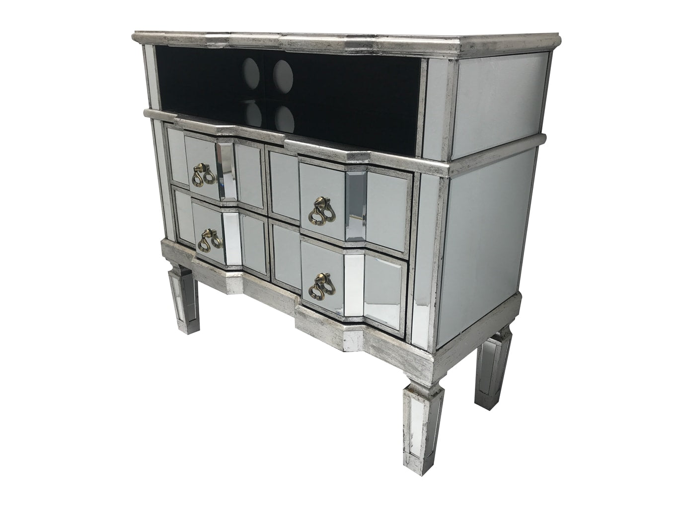 Charleston mirrored media unit, 4 draws, brass drop handles, cord openings, wood and mirror, antiqued silver.
