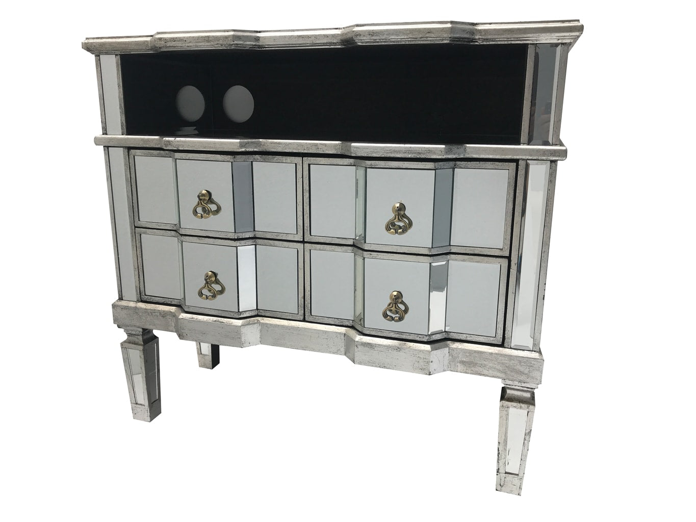 mirrored media unit, 4 draws, brass drop handles, wood and mirror, antiqued silver.