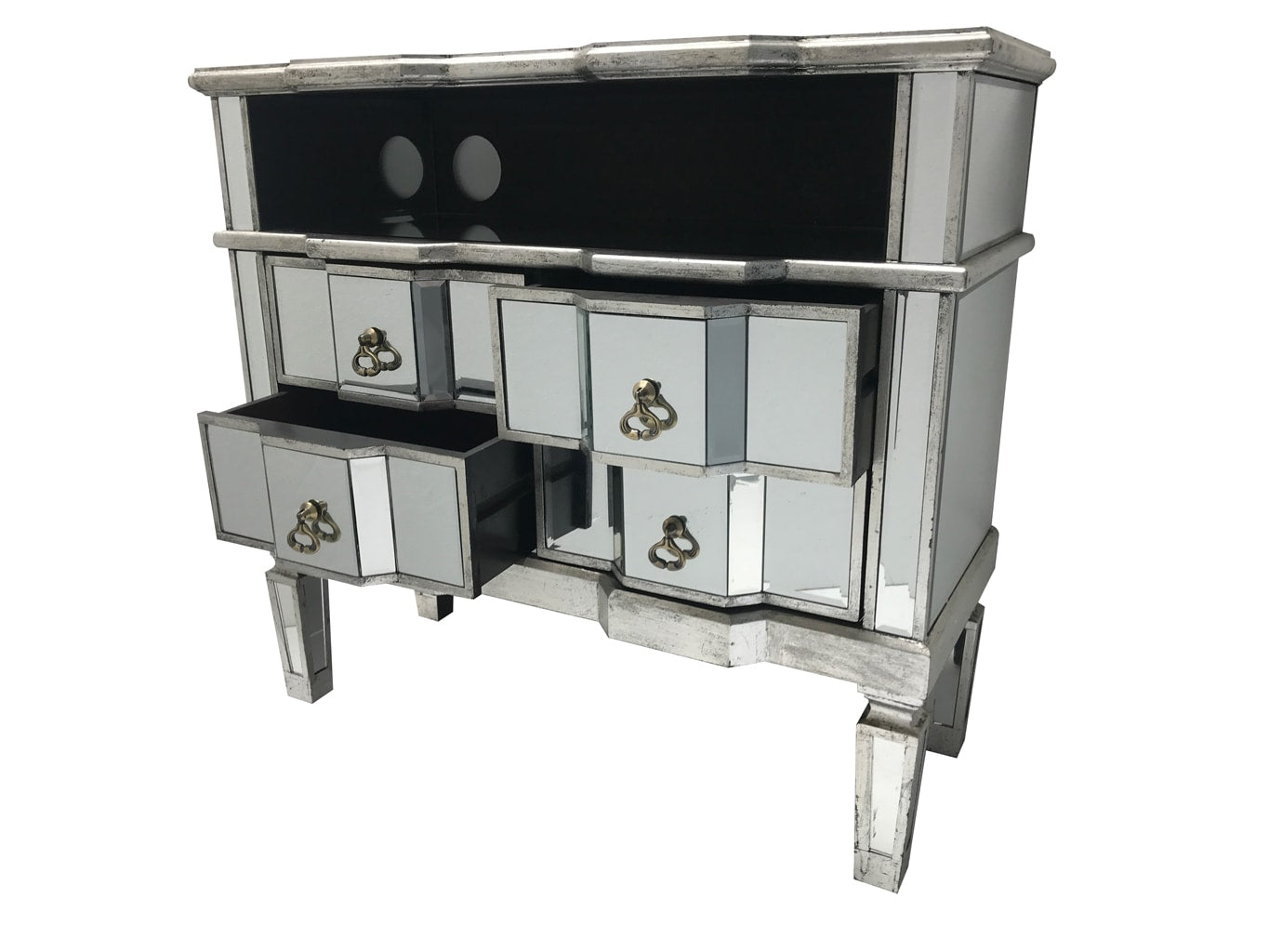 Charleston mirrored media unit, 4 drawers, brass drop handles, wood and mirror, antiqued silver.