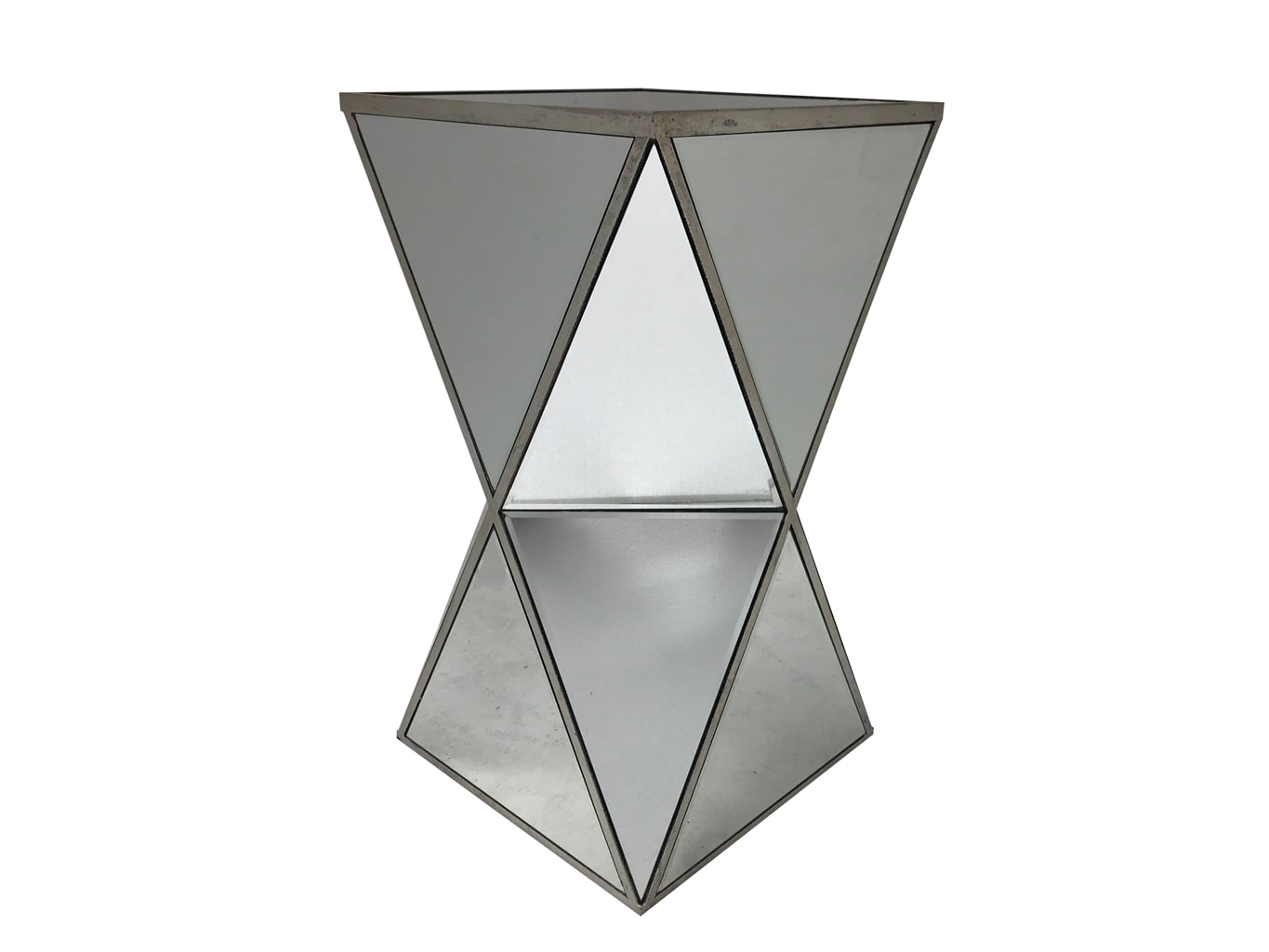 Charleston mirrored end table in geometric shape,  all panels bevelled, wood and mirror, antiqued silver