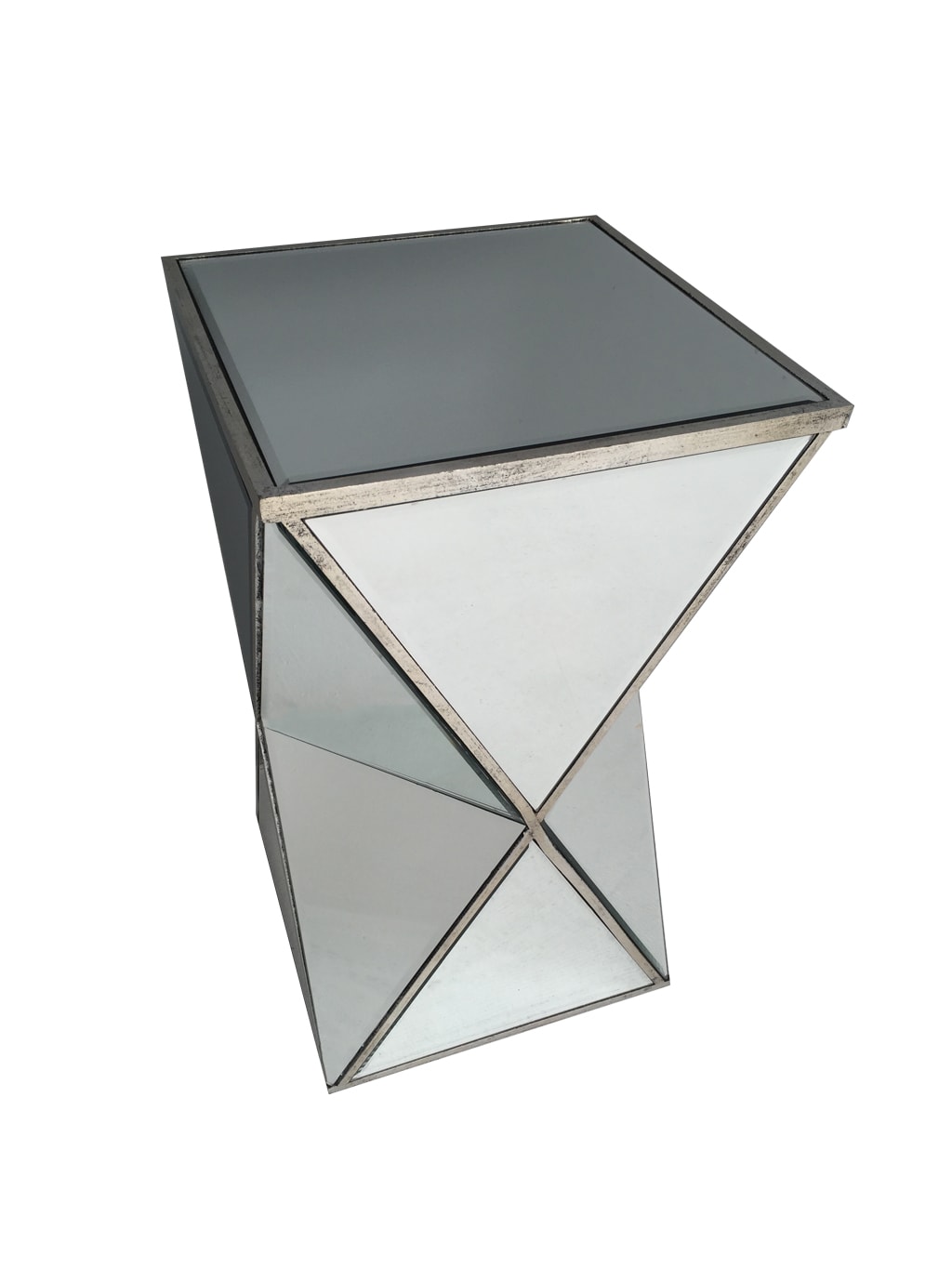 Mirrored end table in geometric shape,  all panels bevelled, wood and mirror, antiqued silver