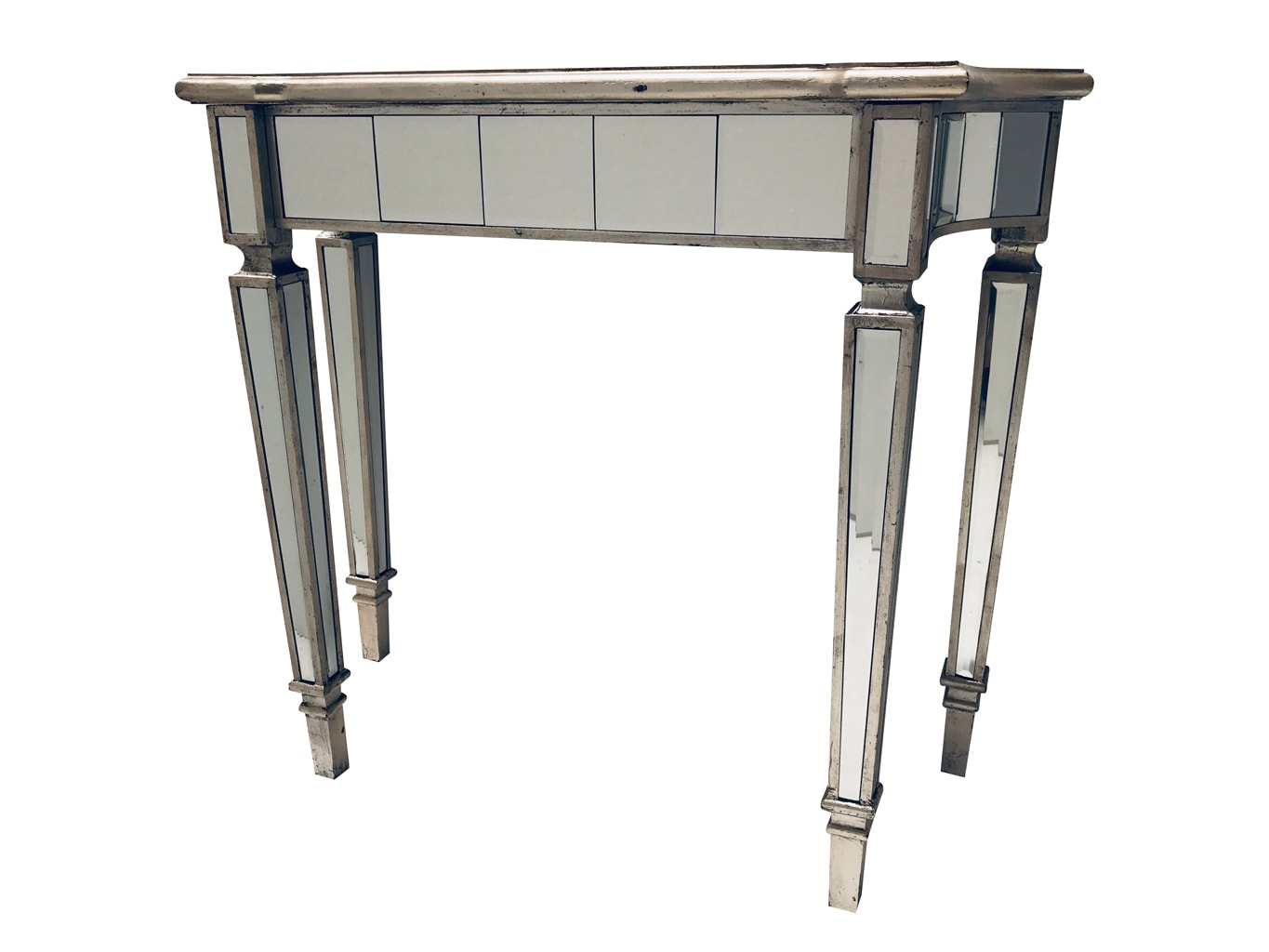 Marbella mirrored console table, wood and mirror, bevelled glass, antiqued silver edging