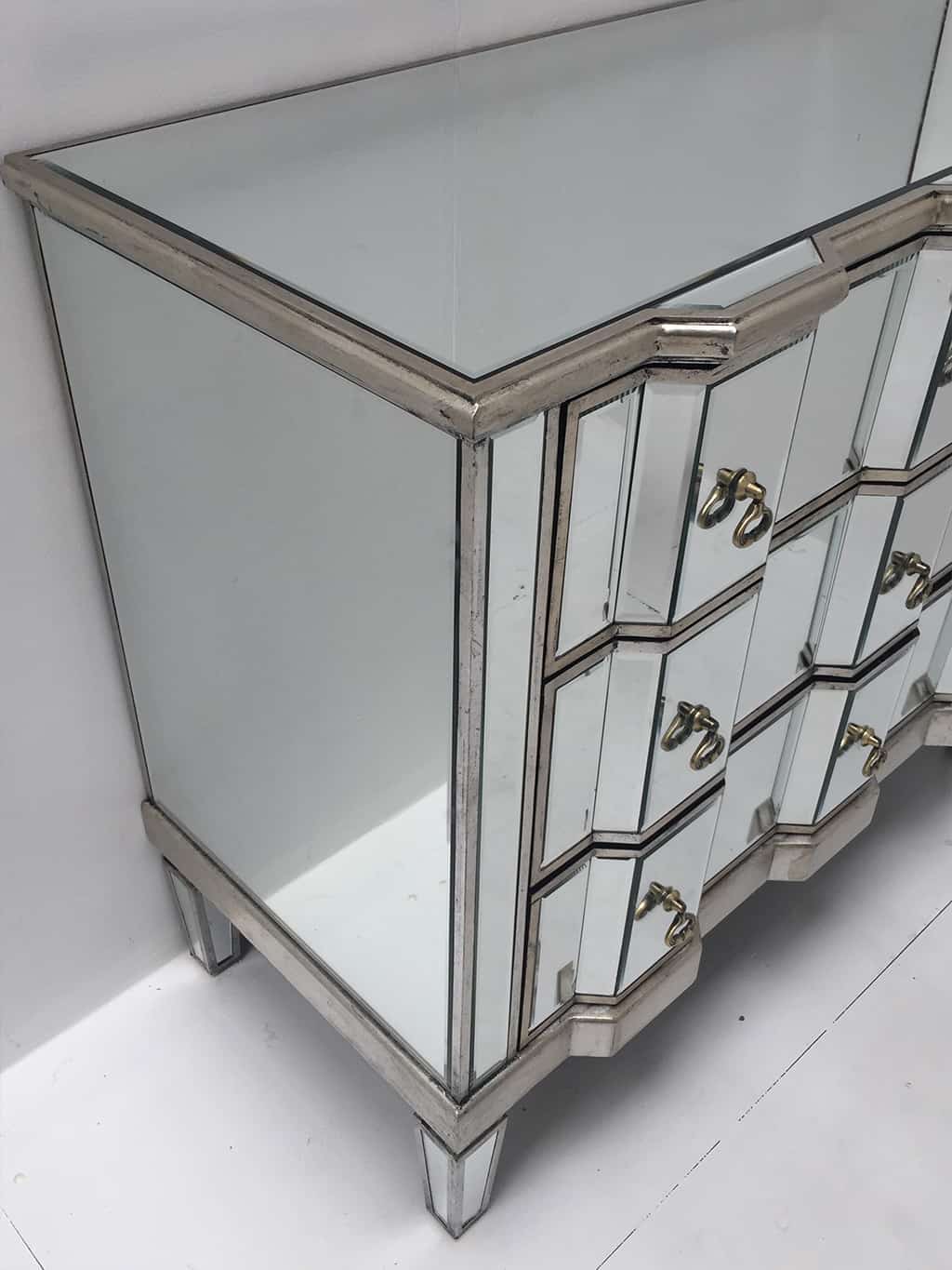 Charleston mirrored chest of 3 drawers, vintage style, silver finish, large and deep drawers, brass drop handles.