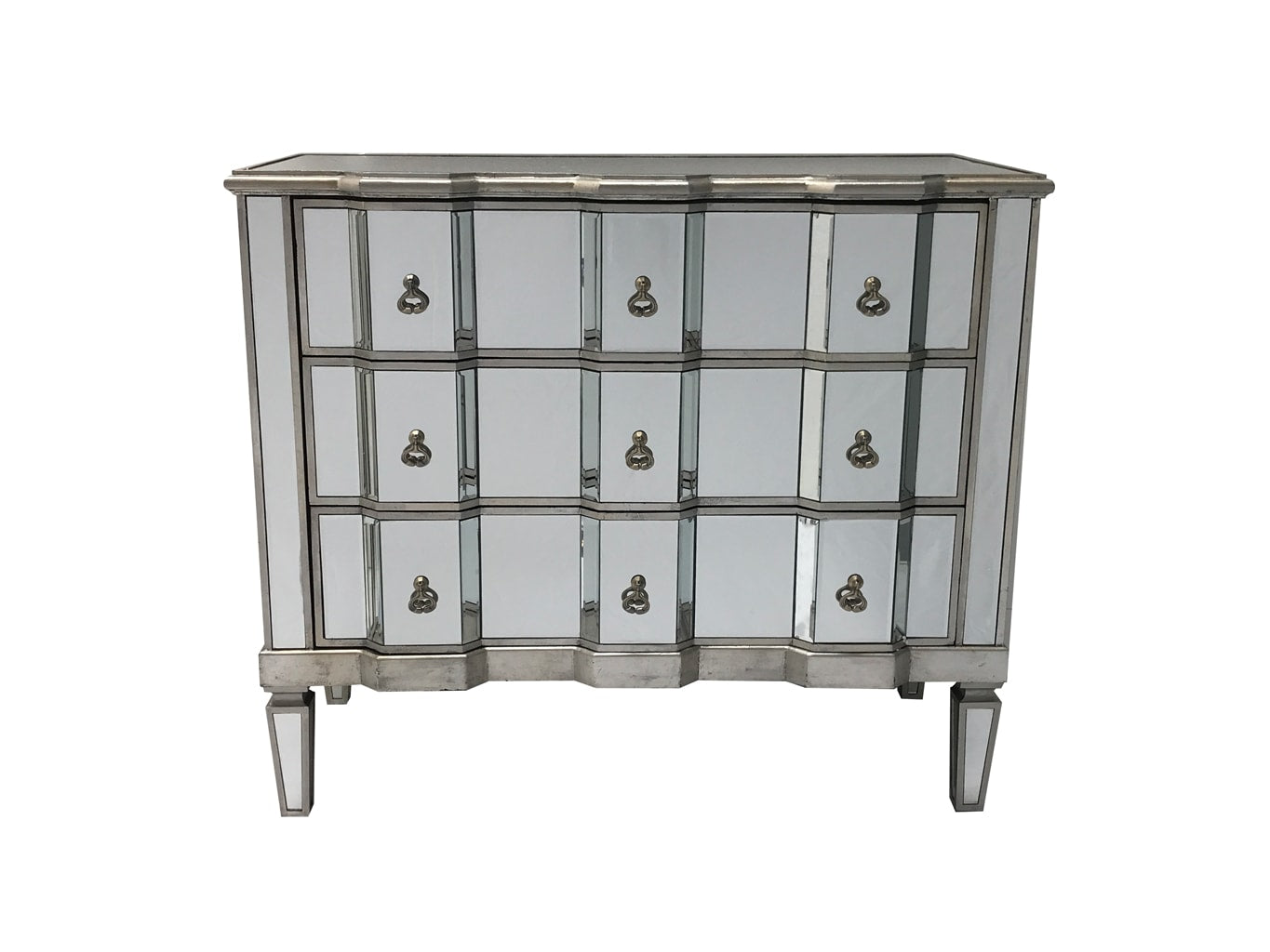 Charleston mirrored chest of 3 drawers, vintage style, silver finish, large and deep drawers, brass drop handles
