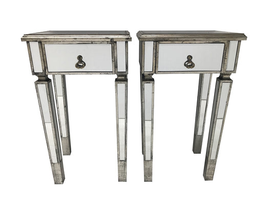 Pair of Mirrored Side Tables with wooden edging and antiqued slim silver finish from our stunning luxury Charleston collection. Brass drop handles, one drawer, wood and mirror, antique silver finish