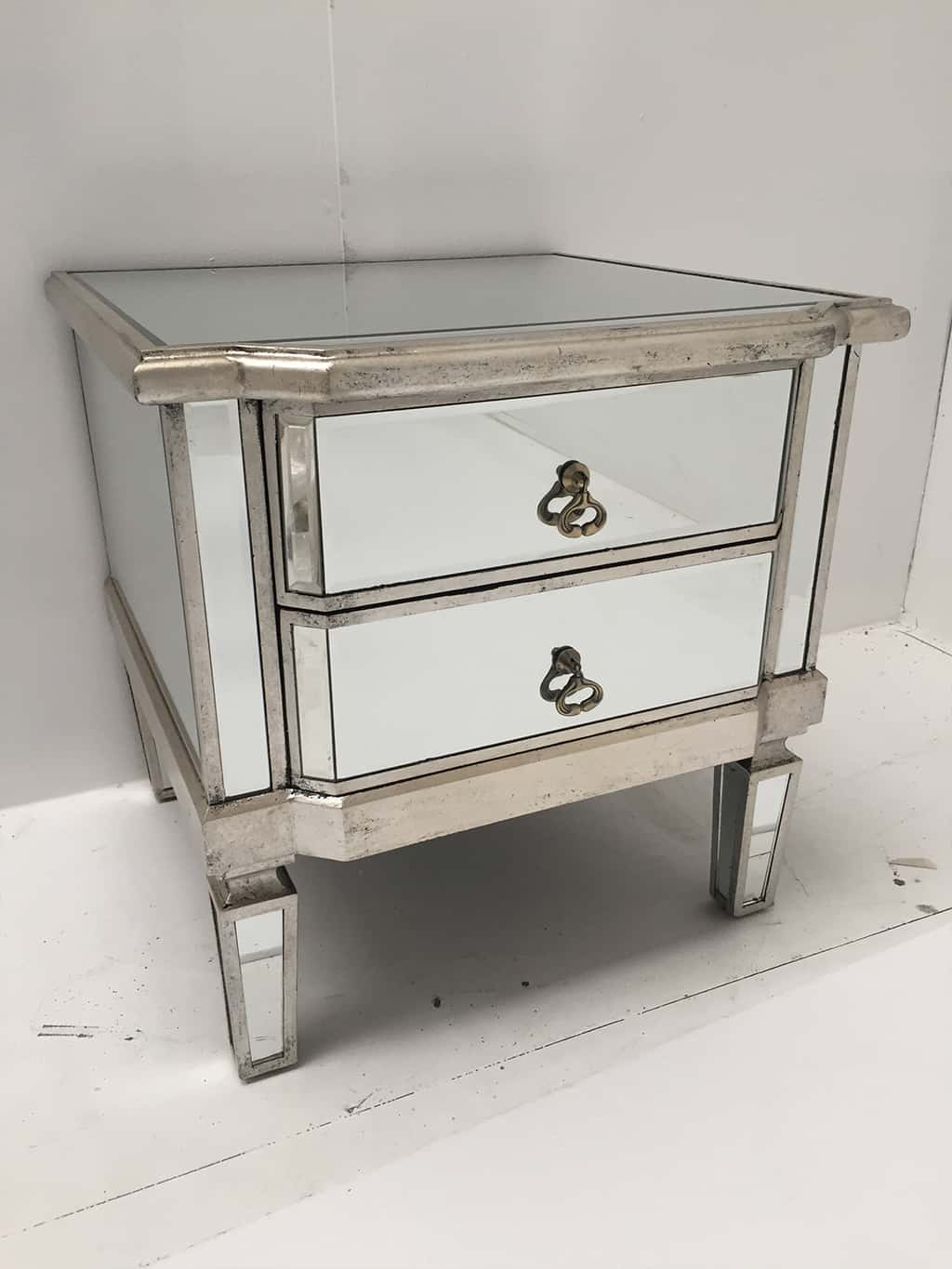Charleston Mirrored Bedside Table, antiqued silver finish with two drawers and drop handles