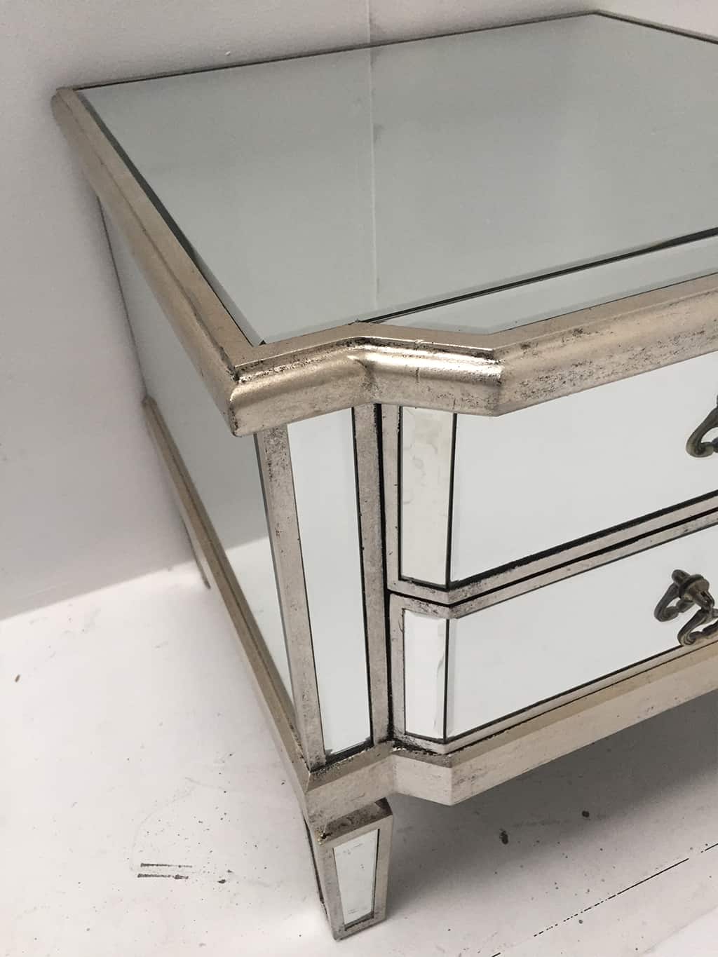 Charleston Mirrored Bedside Table, antiqued silver finish with two drawers and drop handles