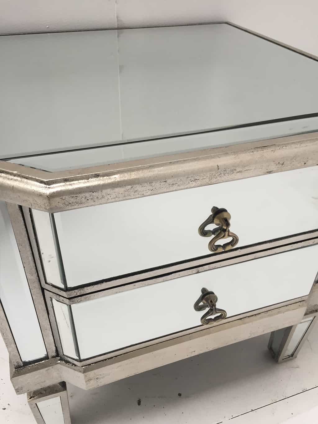 Charleston Mirrored Bedside Table, antiqued silver finish with two drawers and drop handles