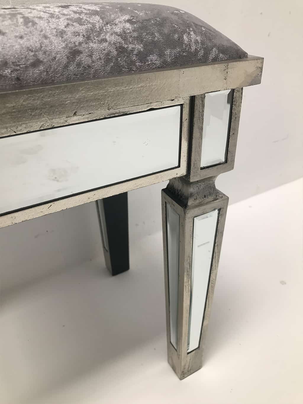 Charleston Mirrored stool, silver finish, grey velvet upholstery