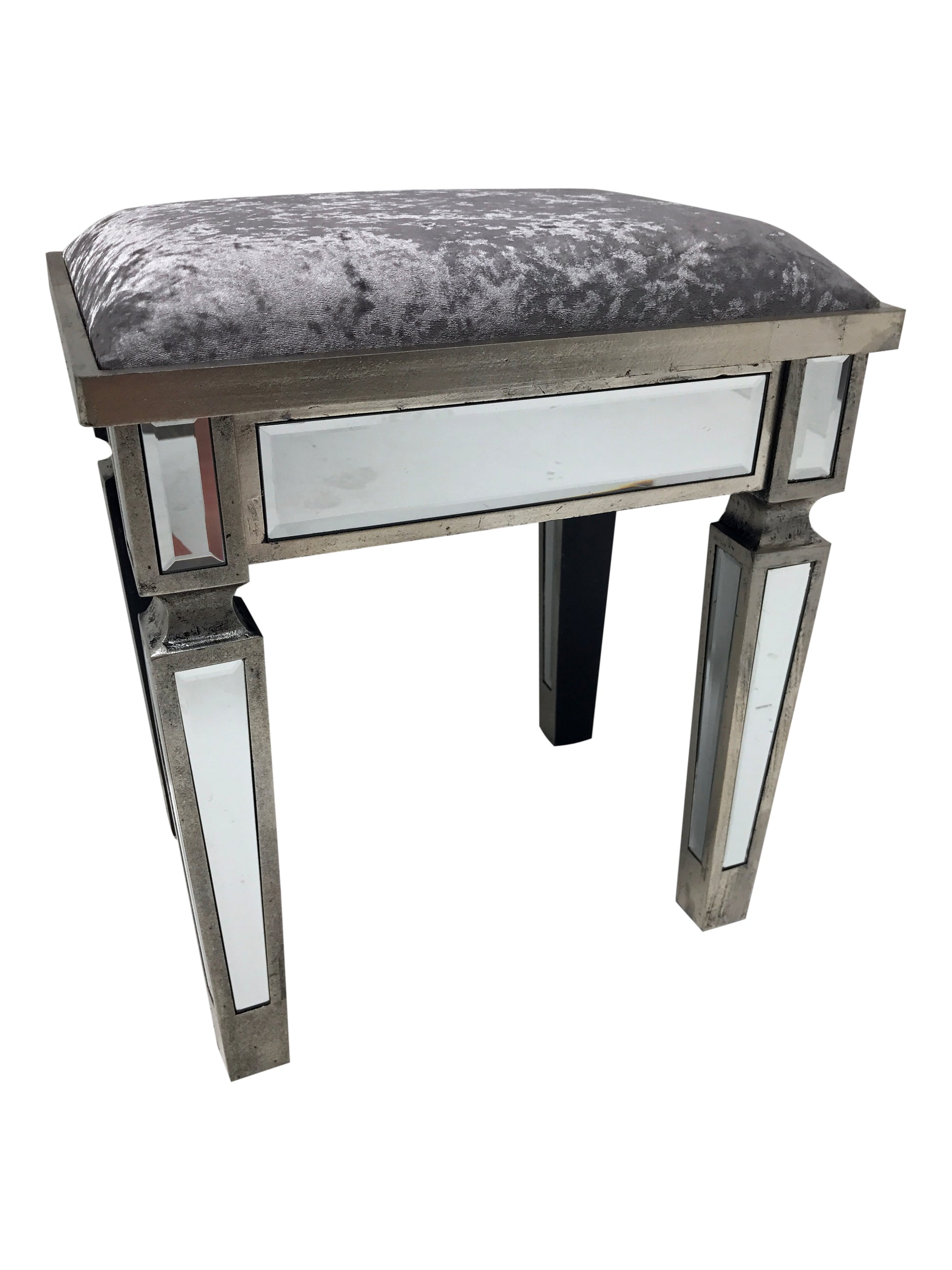 Charleston Stool in an antiqued silver finish with bevelled mirror panels upholstered with a sliver crushed velvet, feet high 35cm, wood and mirror and cloth, antiqued silver