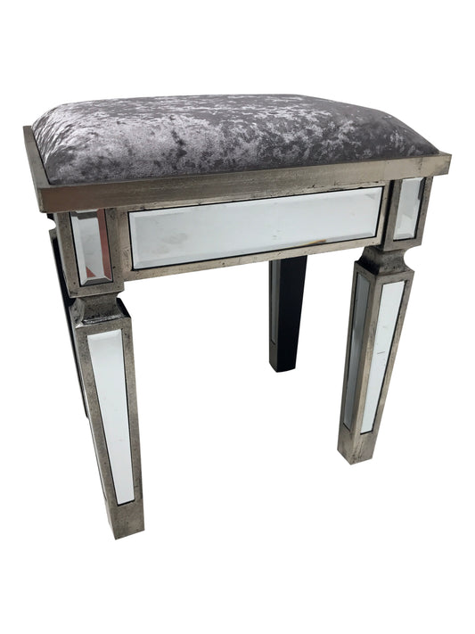 Charleston Stool in an antiqued silver finish with bevelled mirror panels upholstered with a sliver crushed velvet, feet high 35cm, wood and mirror and cloth, antiqued silver