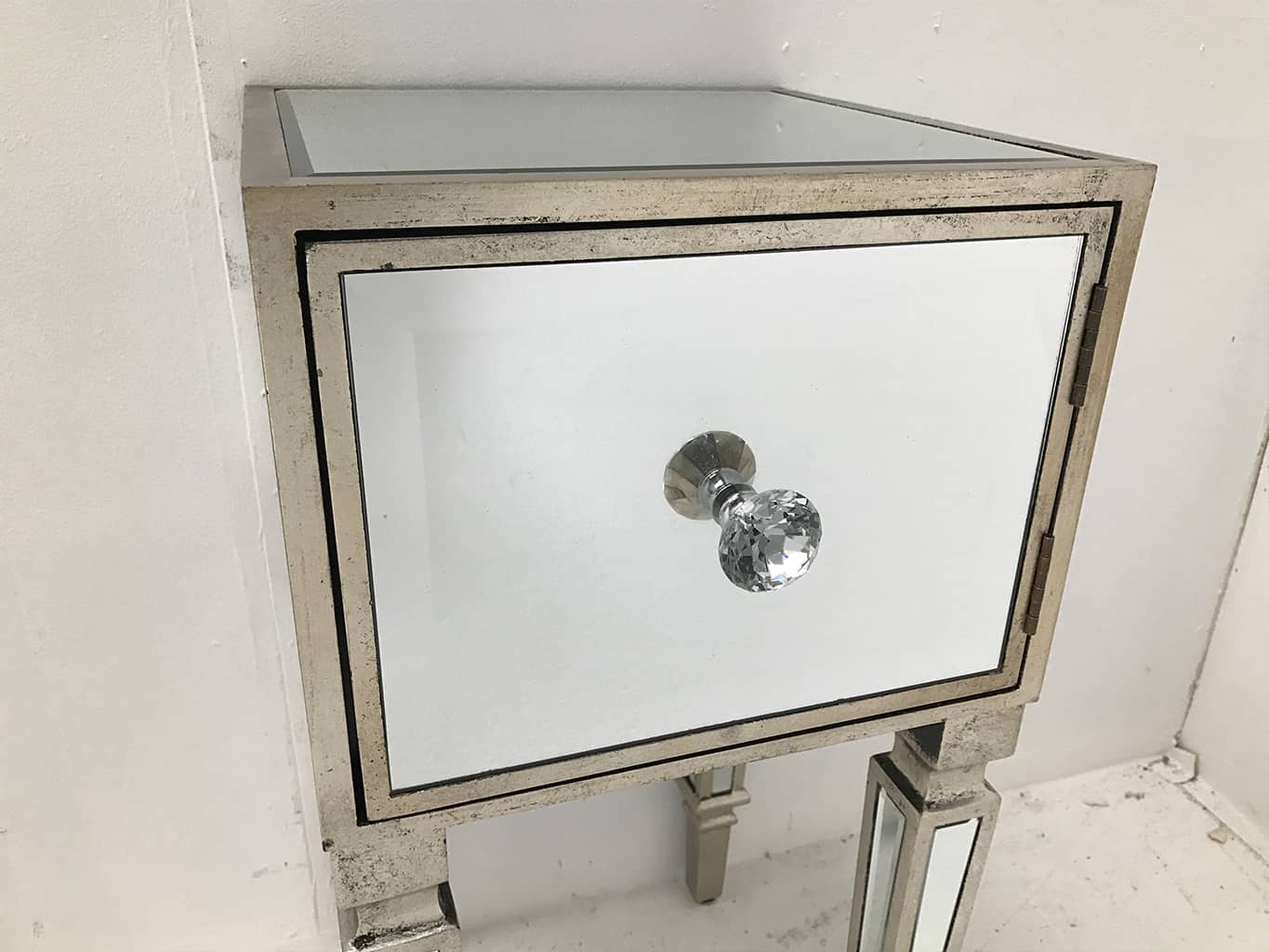 Mirrored nightstand, wood and mirror, antiqued silver finish.