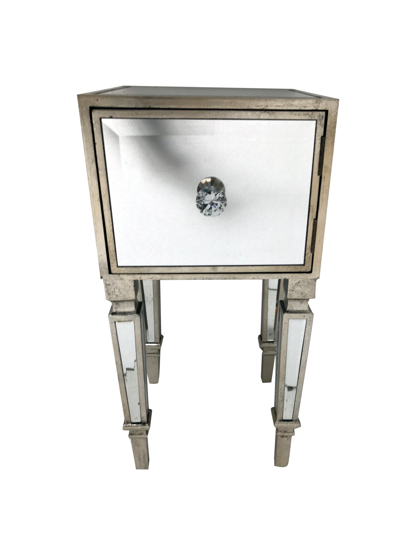 Hollywood mirrored nightstand, wood and mirror, antiqued silver finish.