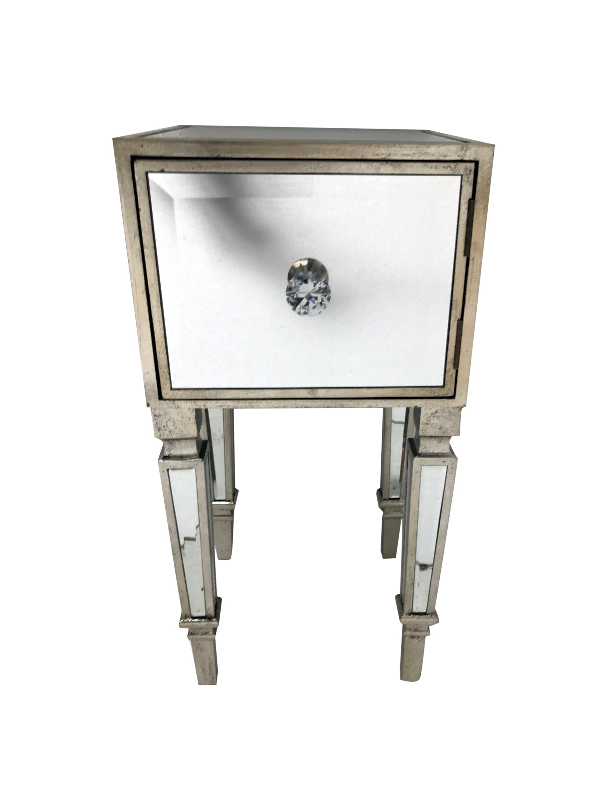 Hollywood mirrored nightstand, wood and mirror, antiqued silver finish.