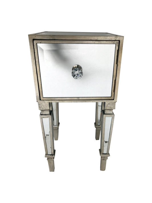 Hollywood mirrored nightstand, wood and mirror, antiqued silver finish.