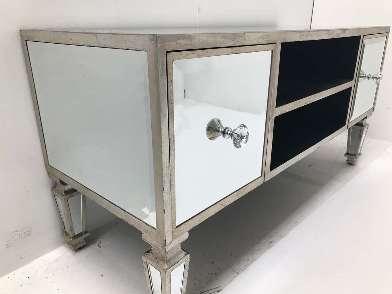 Hollywood Mirrored TV Unit, media unit for entertainment set up, wood and mirror, antiqued silver.