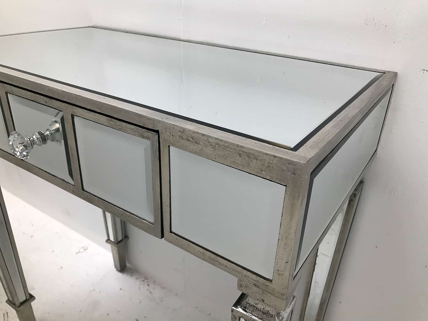 mirrored console table with a single drawer, wood and mirror, slim design, crystal handle