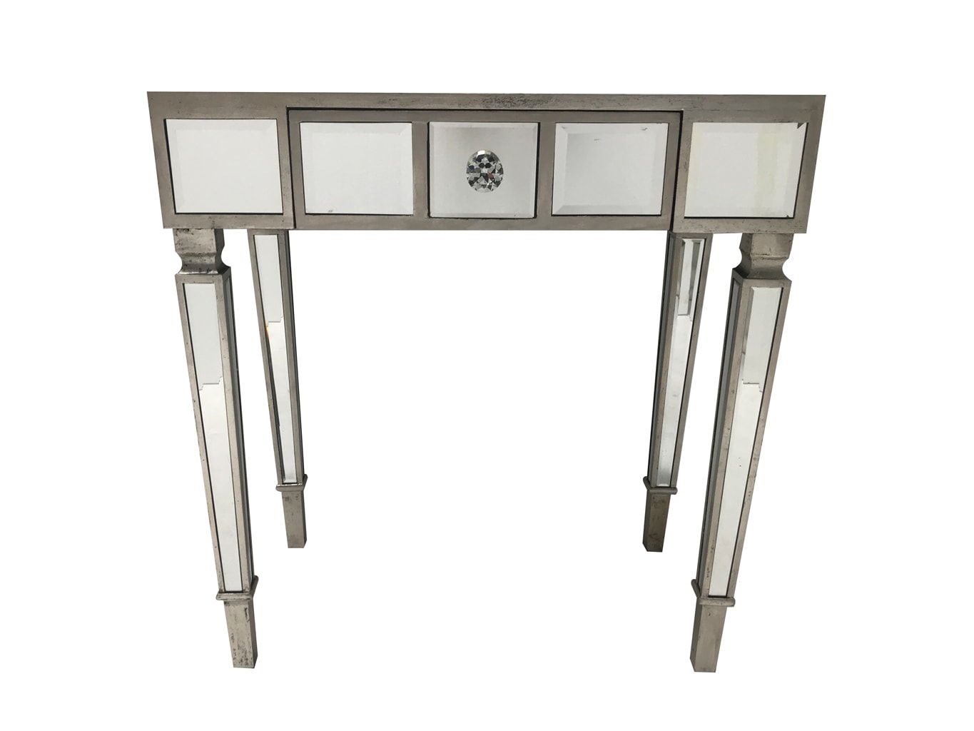 Hollywood mirrored console table with a single drawer, wood and mirror, slim design, crystal handle.