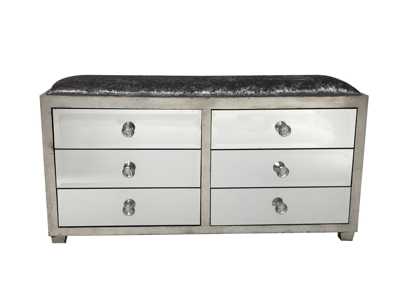 Hollywood Mirrored Ottoman with 6 Drawers, crystal knobs, grey crushed velvet upholstery fabric, bevelled mirror panels, wood and mirror, antiqued silver finish.