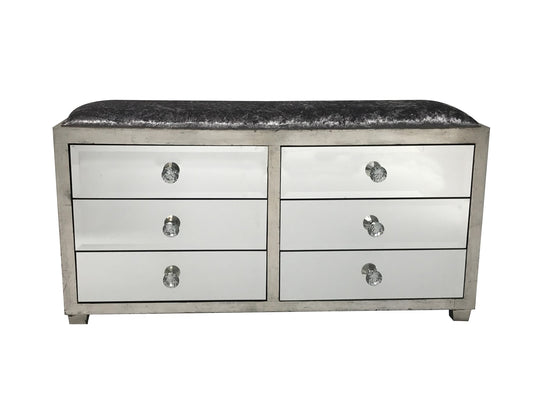 Hollywood Mirrored Ottoman with 6 Drawers, crystal knobs, grey crushed velvet upholstery fabric, bevelled mirror panels, wood and mirror, antiqued silver finish.
