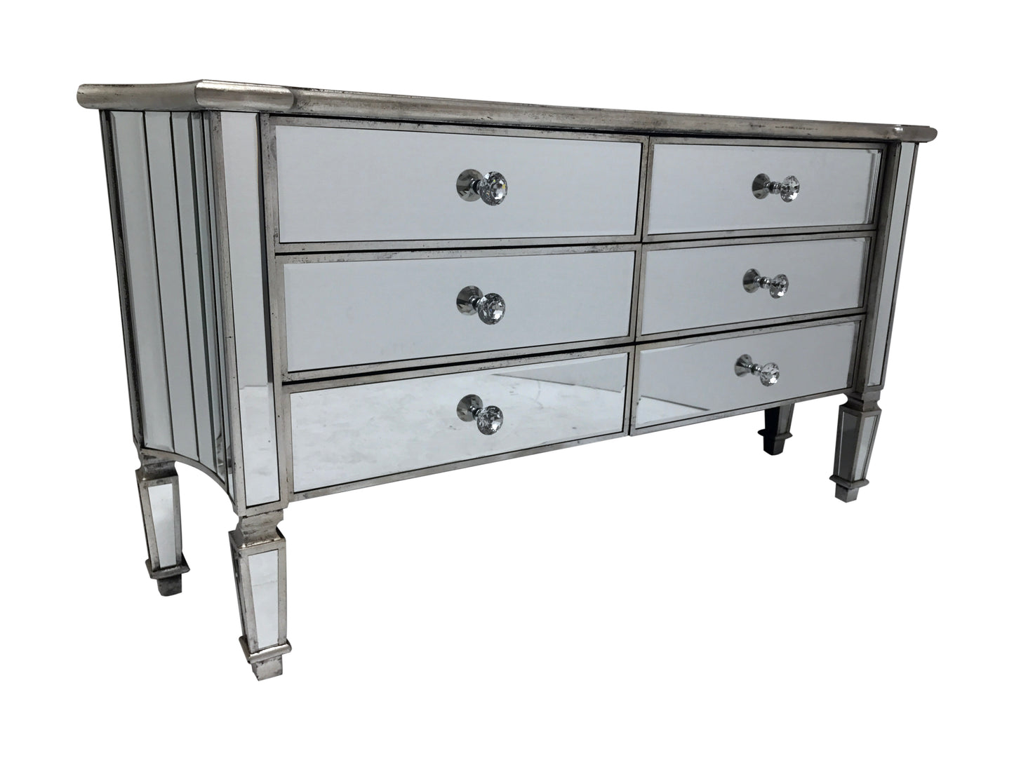 Marbella Mirrored Sideboard with 6 drawers, wood and mirror, crystal knobs, antique silver