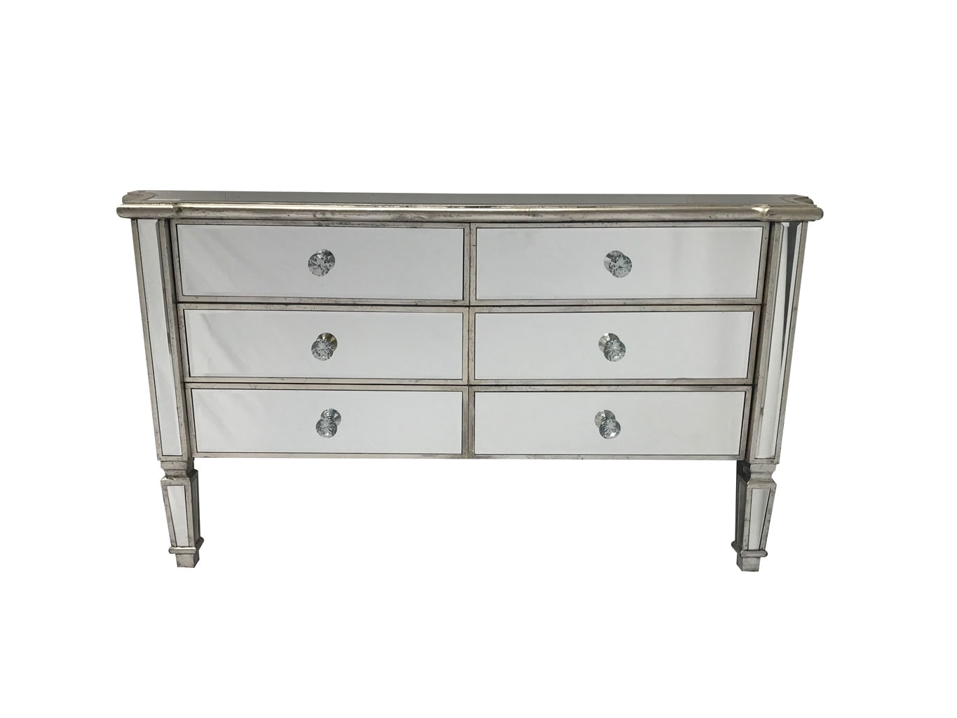 Mirrored Sideboard with 6 drawers, wood and mirror, crystal knobs, antique silver