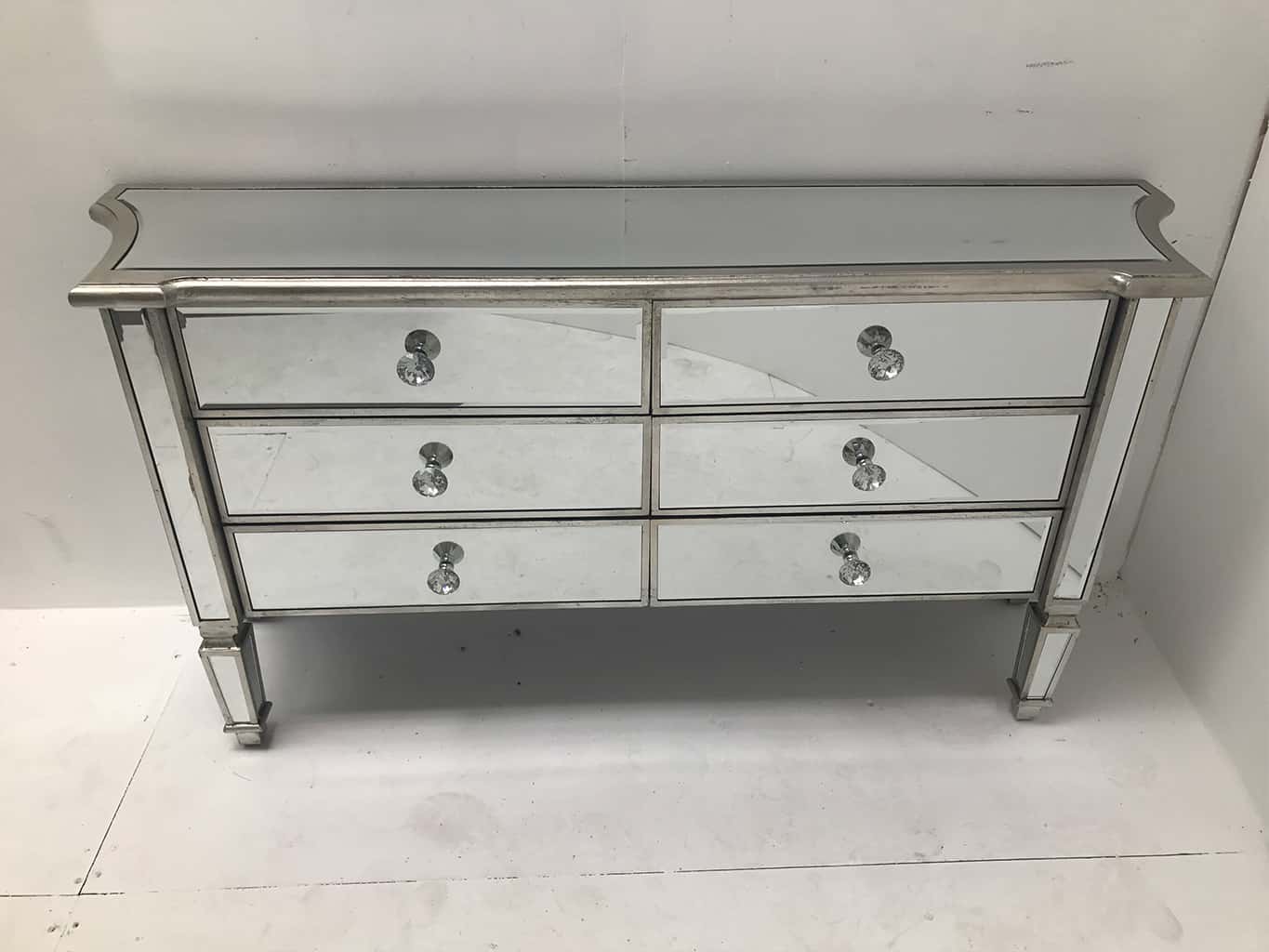 Marbella Mirrored Sideboard with 6 drawers, wood and mirror, crystal knobs, antique silver