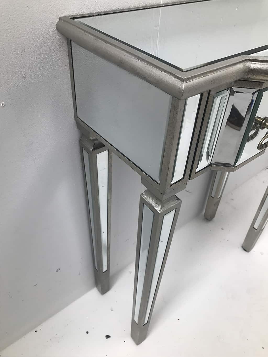 Mirrored Console Table with 2 drawers, antique silver finish, wood and mirror