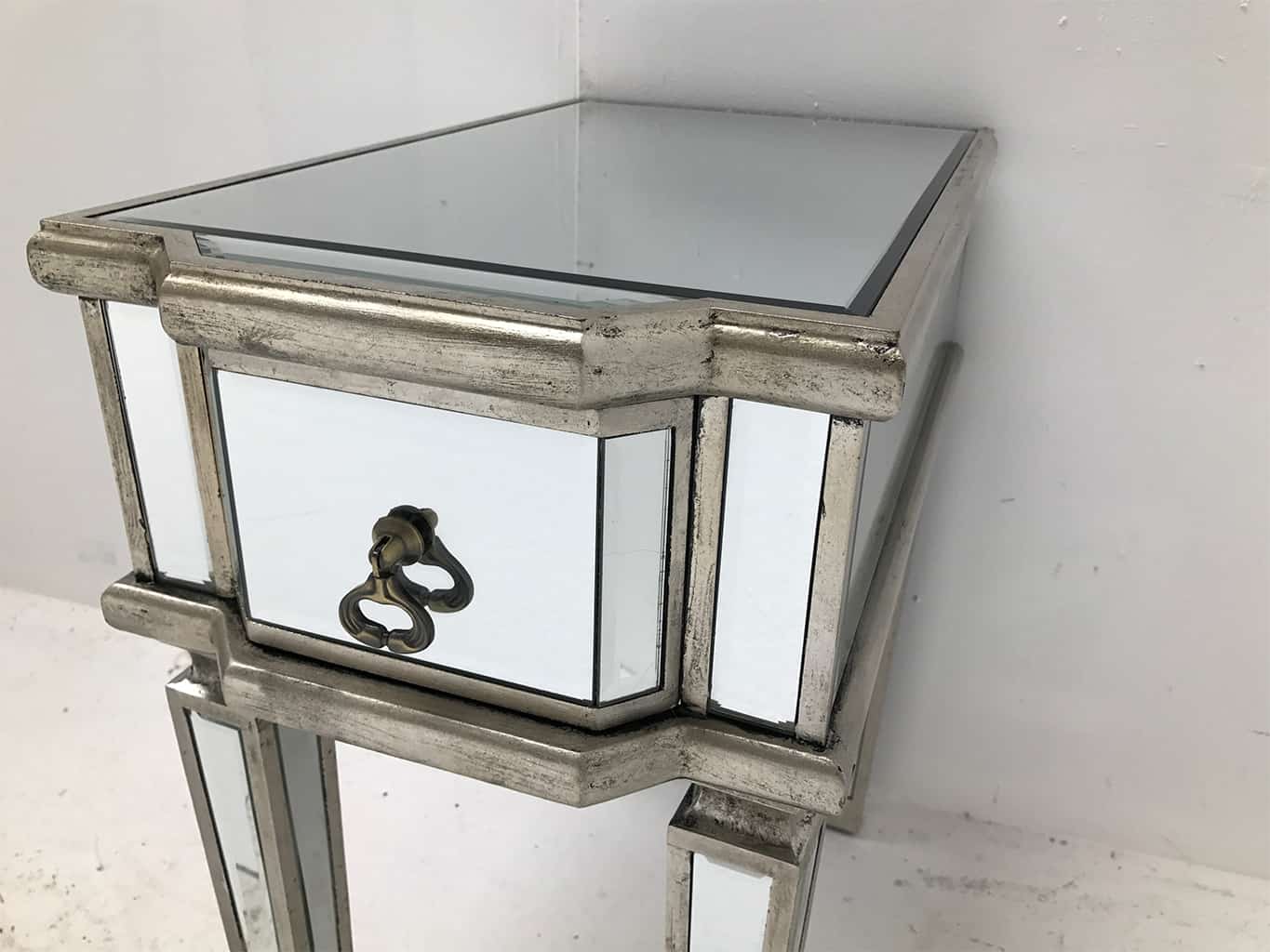 Charleston mirrored table / bedside with one drawer nad brass drop handle