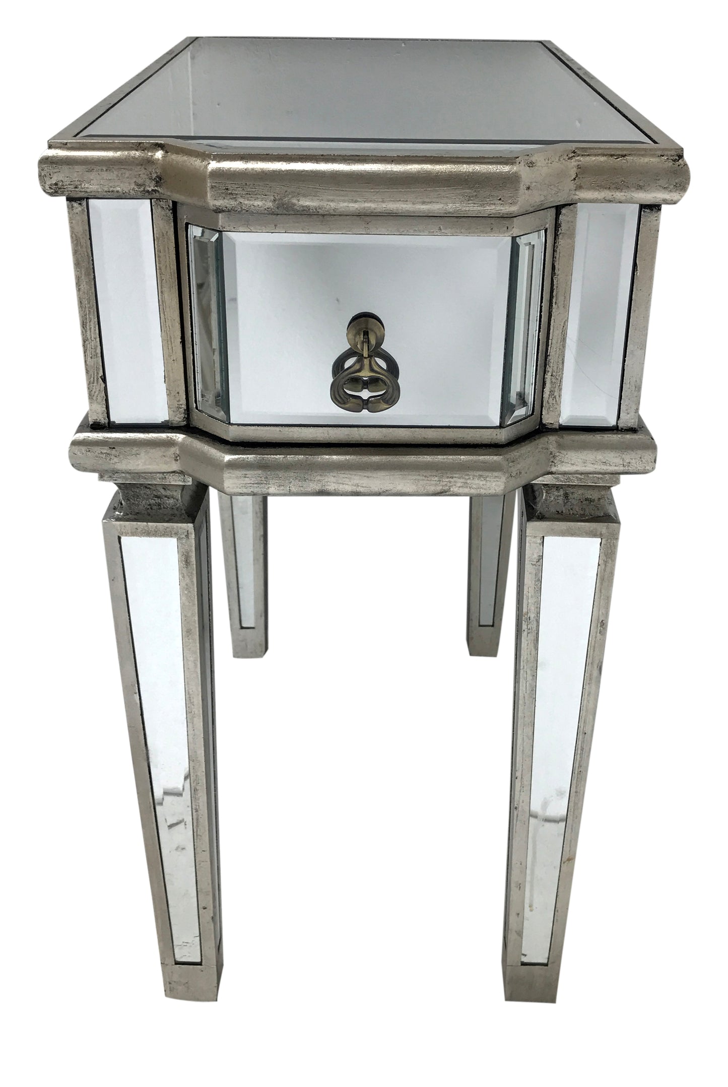 Charleston mirrored table / bedside with a single drawer, wood and mirror, antiqued silver finish.