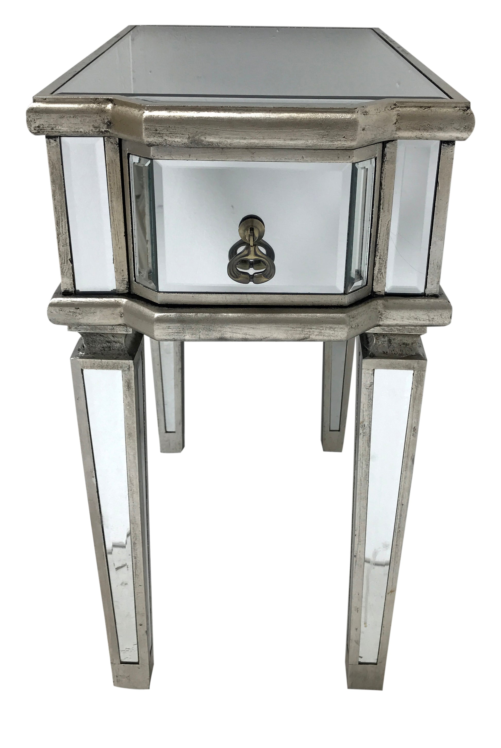 Charleston mirrored table / bedside with a single drawer, wood and mirror, antiqued silver finish.