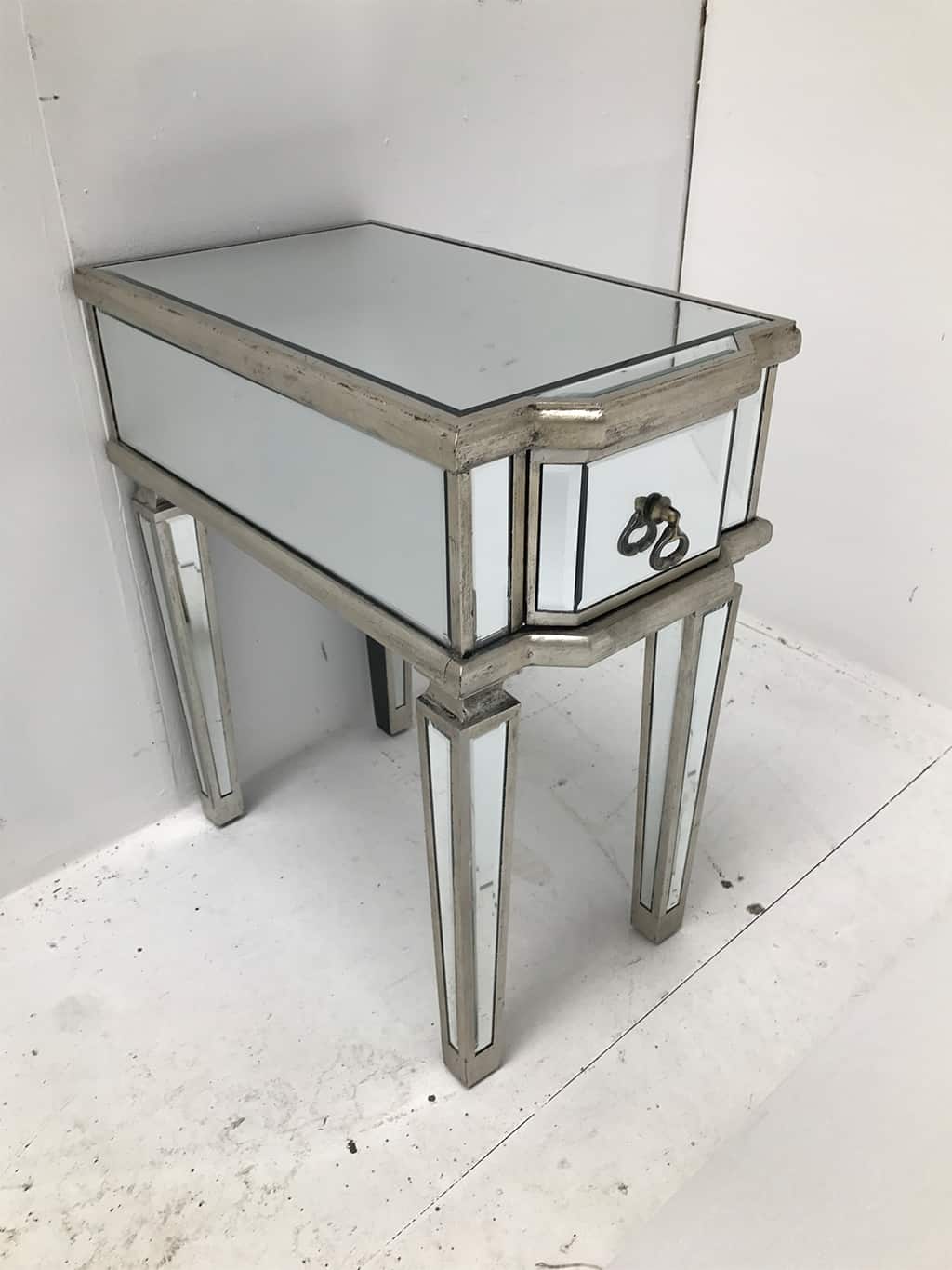 Charleston mirrored table / bedside with a single drawer nad brass drop handle
