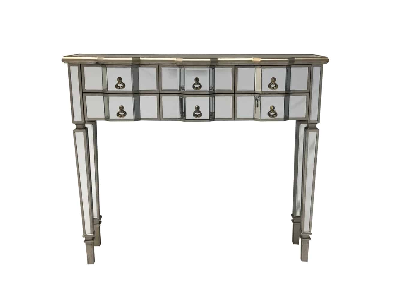 Charleston mirrored console table, six drawers, wood and mirror, antiqued silver, brass drop handles
