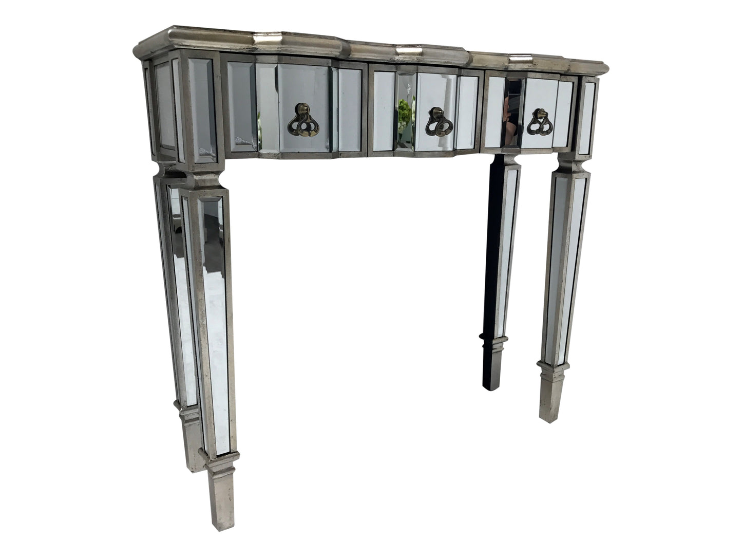 Charleston mirrored console table with 3 drawers, vintage style, slim design, silver wood edging, glass top, tapered legs and drop Ring brass pulls