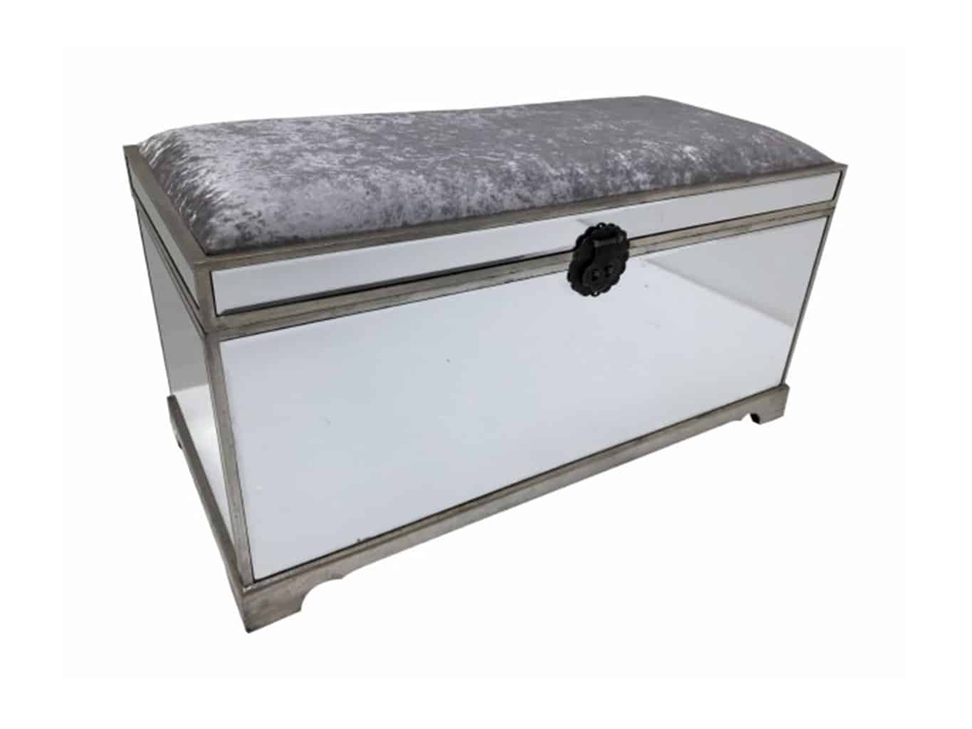 Hollywood Mirrored Trunk, bevelled mirror panels, silver crushed velvet material upholstery, wood and mirror and cloth, antiqued silver finish
