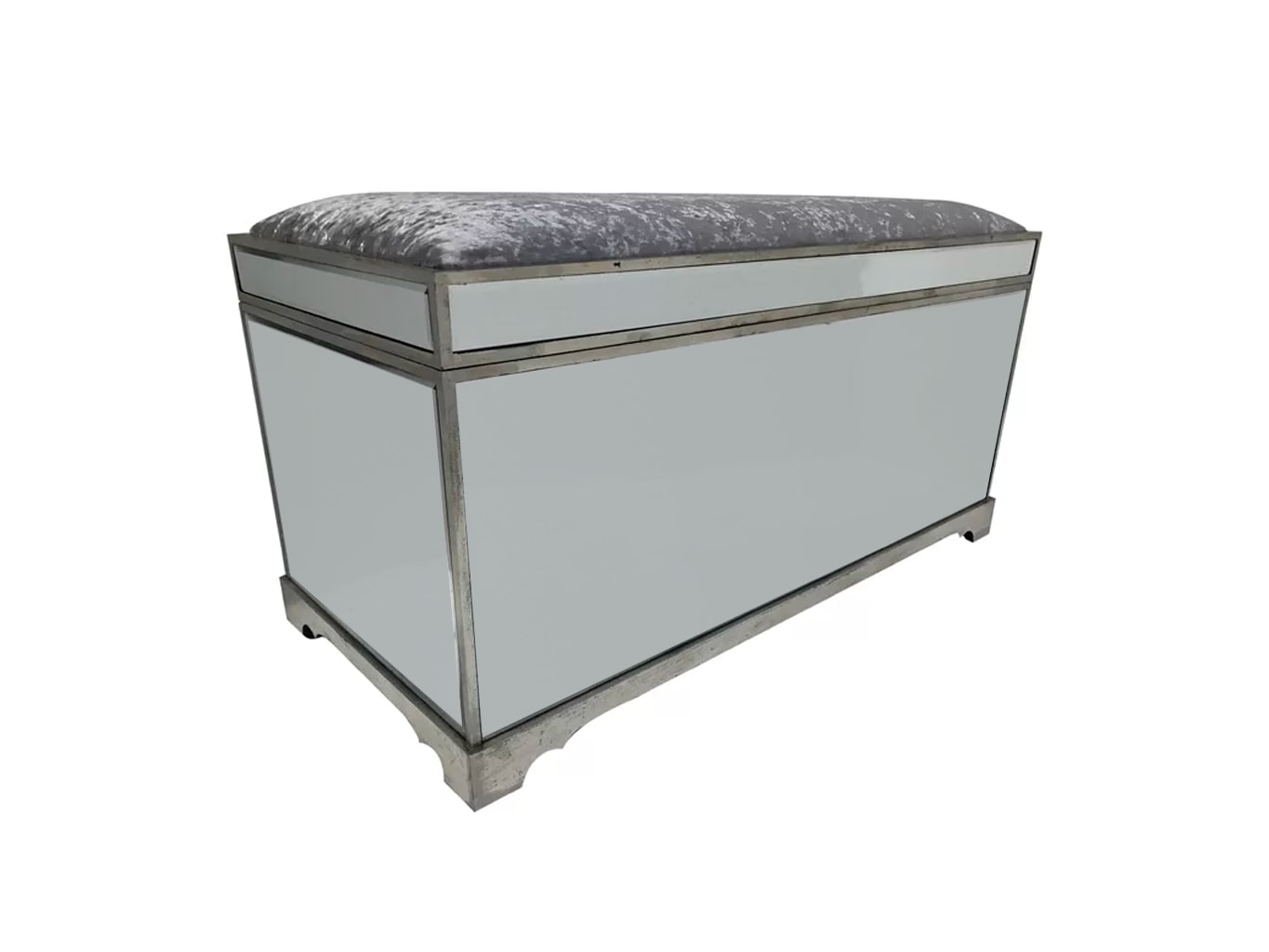 Hollywood Mirrored Trunk with all bevelled mirror panels, the lift up lid is upholstered in a silver crushed velvet material, so can be used as a seat when closed, wood and mirror and cloth, antiqued silver finish