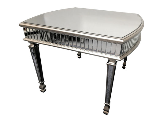New York mirrored dining table, rounded ends, 3cm bevelled mirror strips, wood and mirror, antiqued silver