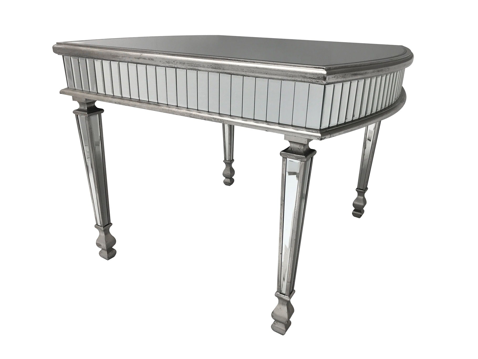 Mirrored dining table, rounded ends, 3cm bevelled mirror strips, wood and mirror, antiqued silver