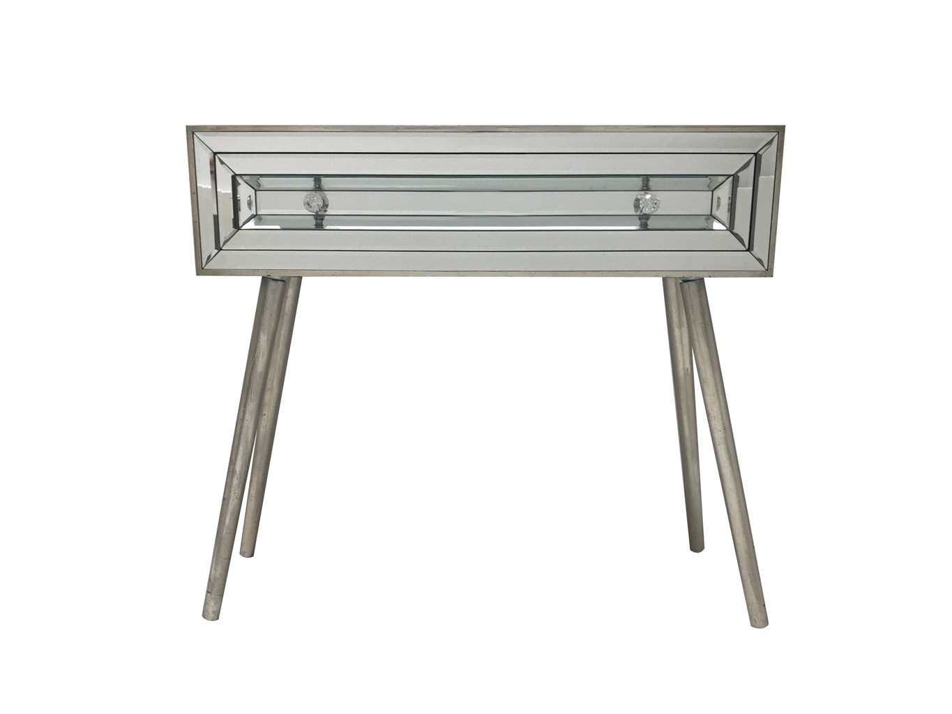 Holywood mirrored console table with a single drawer, 3cm diamante handles,  wood and mirror, vintage silver