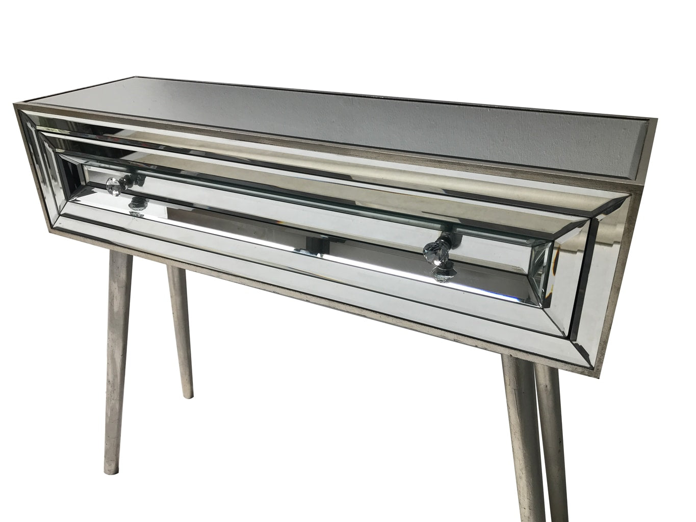 Holywood mirrored console table with 1 drawer, 3cm diamante handles, wood and mirror, vintage silver