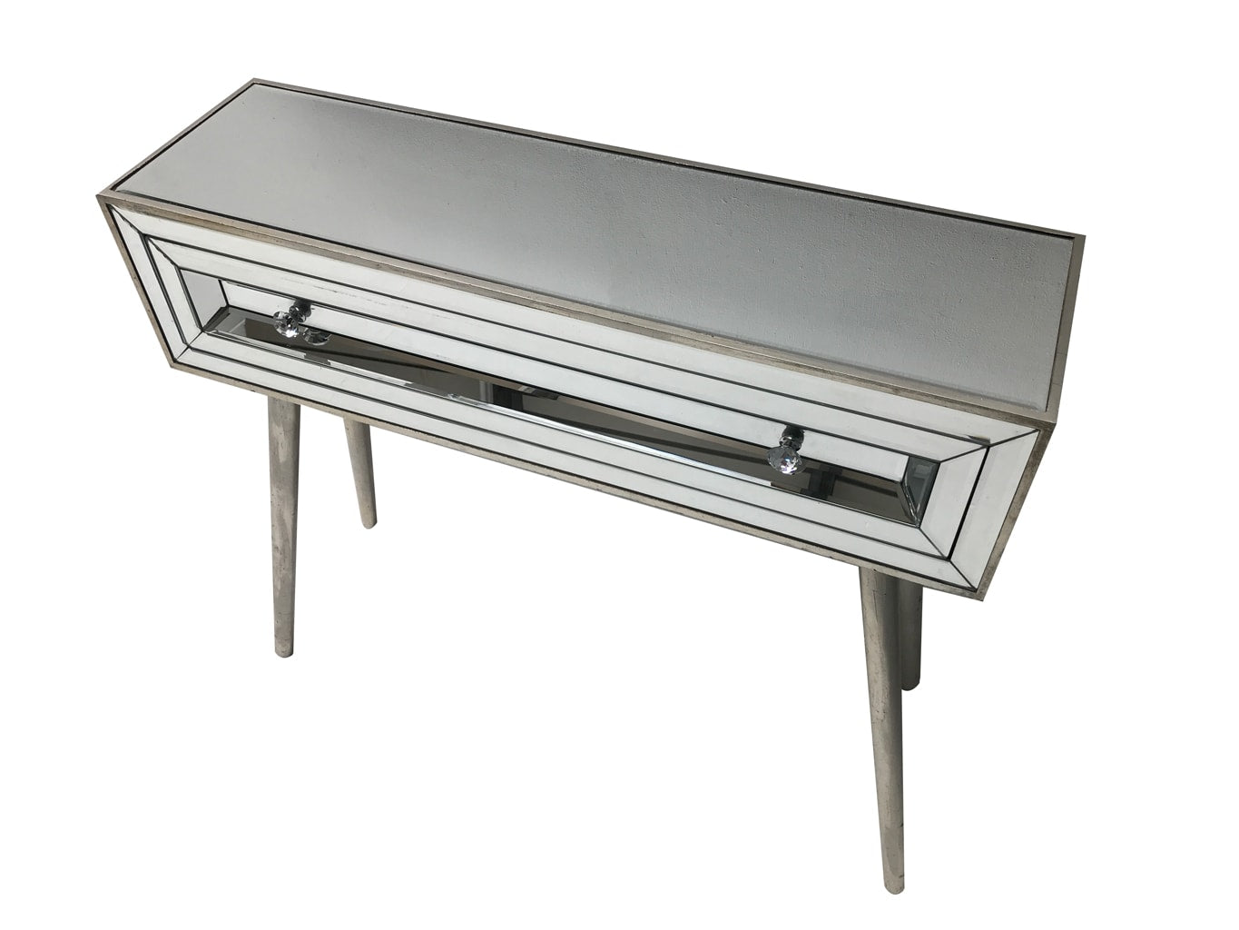 Mirrored console table with one drawer, 3cm diamante handles, wood and mirror, vintage silver